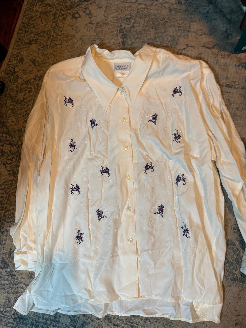Jantzen Cream Button-Down Shirt with Purple Embroidery
